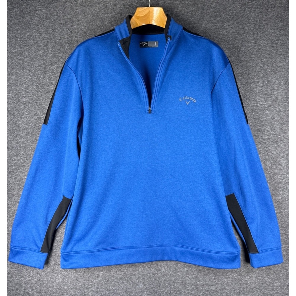 Callaway Q Zip Pullover Mens L Blue Opti-Dri Fleece Logo Golf Sweater Warm Stain